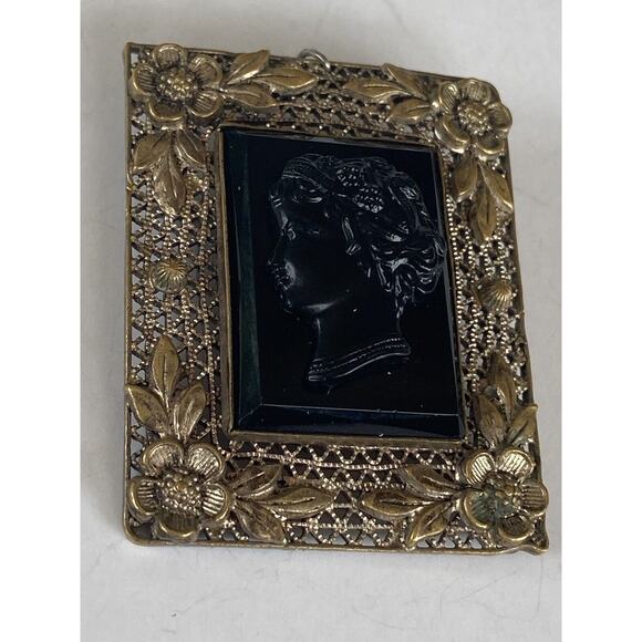 Czecho Black Glass Mourning Cameo Filigree Pin Brooch Pendant Vintage Antique? - Picture 5 of 13